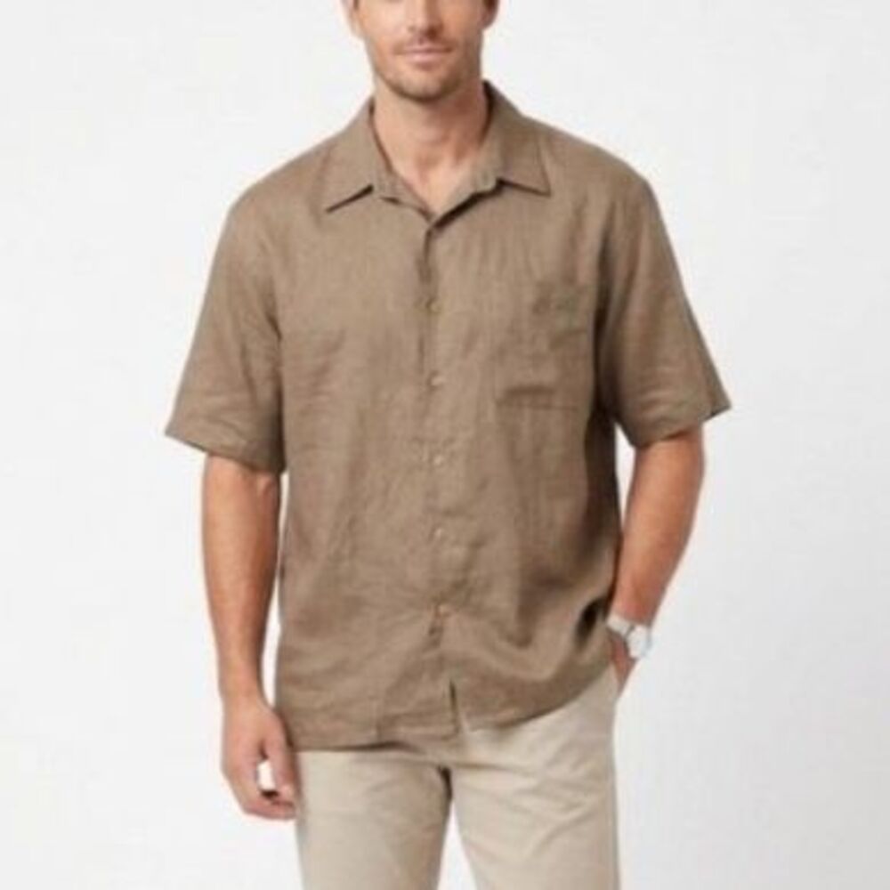 Linea Uomo Men's Dark Tan 100% Linen Short Sleeve Button Front Shirt Size XXL